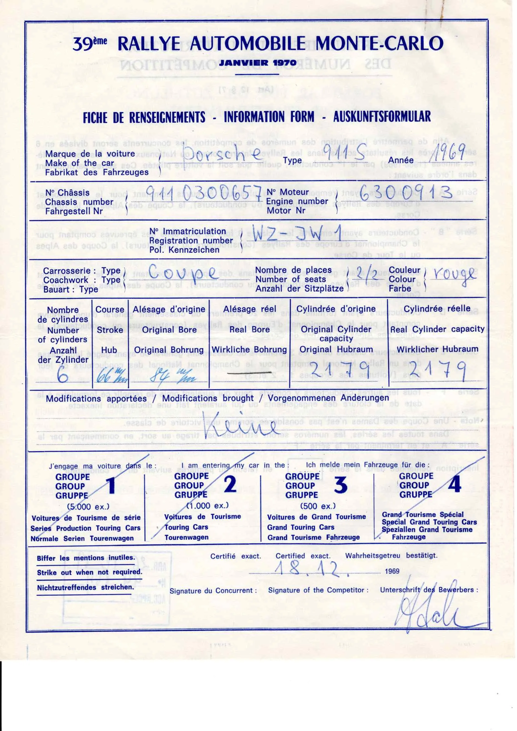 Fiche de renseignements, Rallye Automobile Monte-Carlo 1970